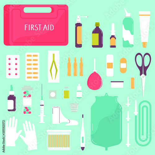 First aid kit box with medicines and equipment. Medicine chest. Set isolated on blue background. Vector illustration in flat style.