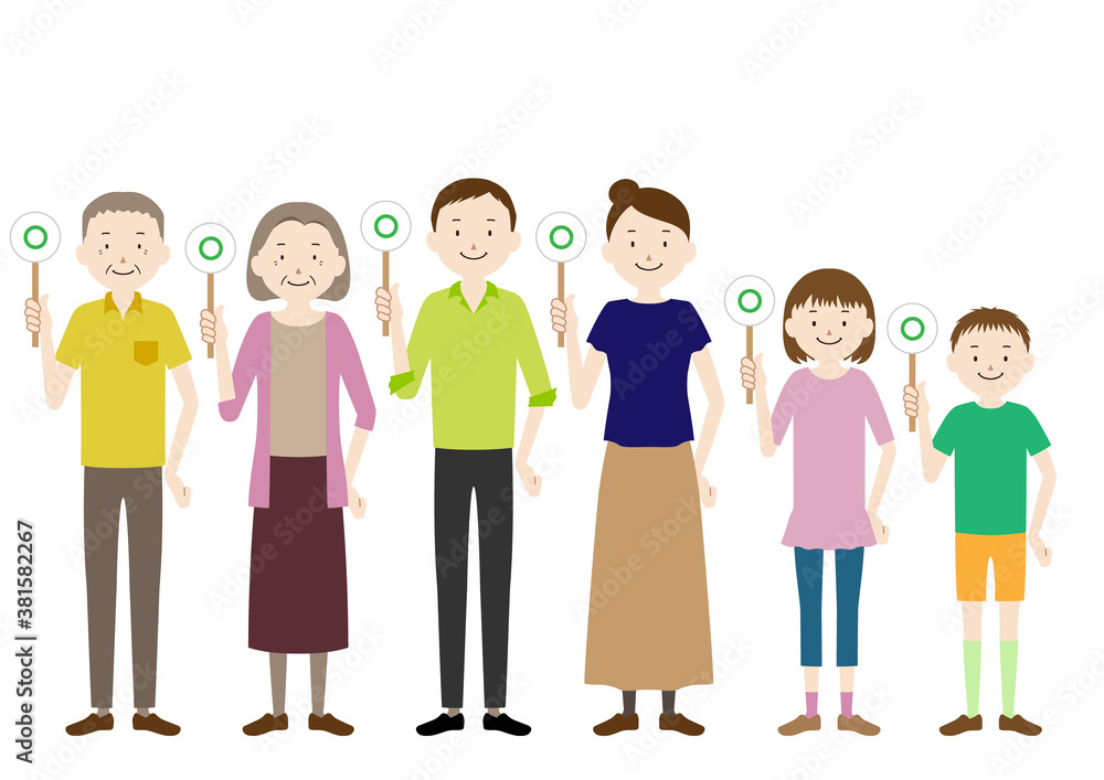 Illustration of a three generation family (grandfather, grandmother, father, mother, girl, boy set) with correct sign