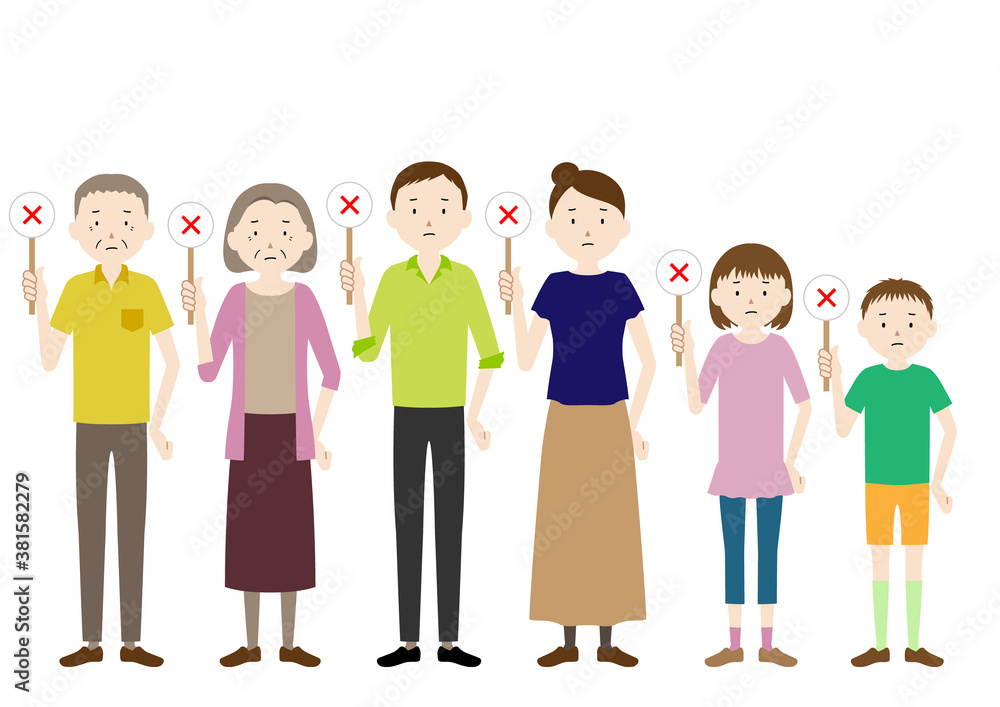Illustration of a three generation family (grandfather, grandmother, father, mother, girl, boy set) with wrong sign