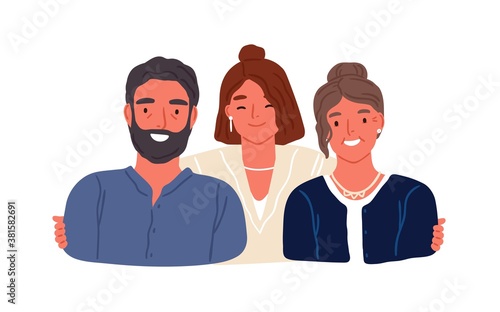 Portrait of adult daughter and aged parents vector flat illustration. Happy family members hugging feeling love and tenderness isolated on white. Adorable relatives embracing to each other
