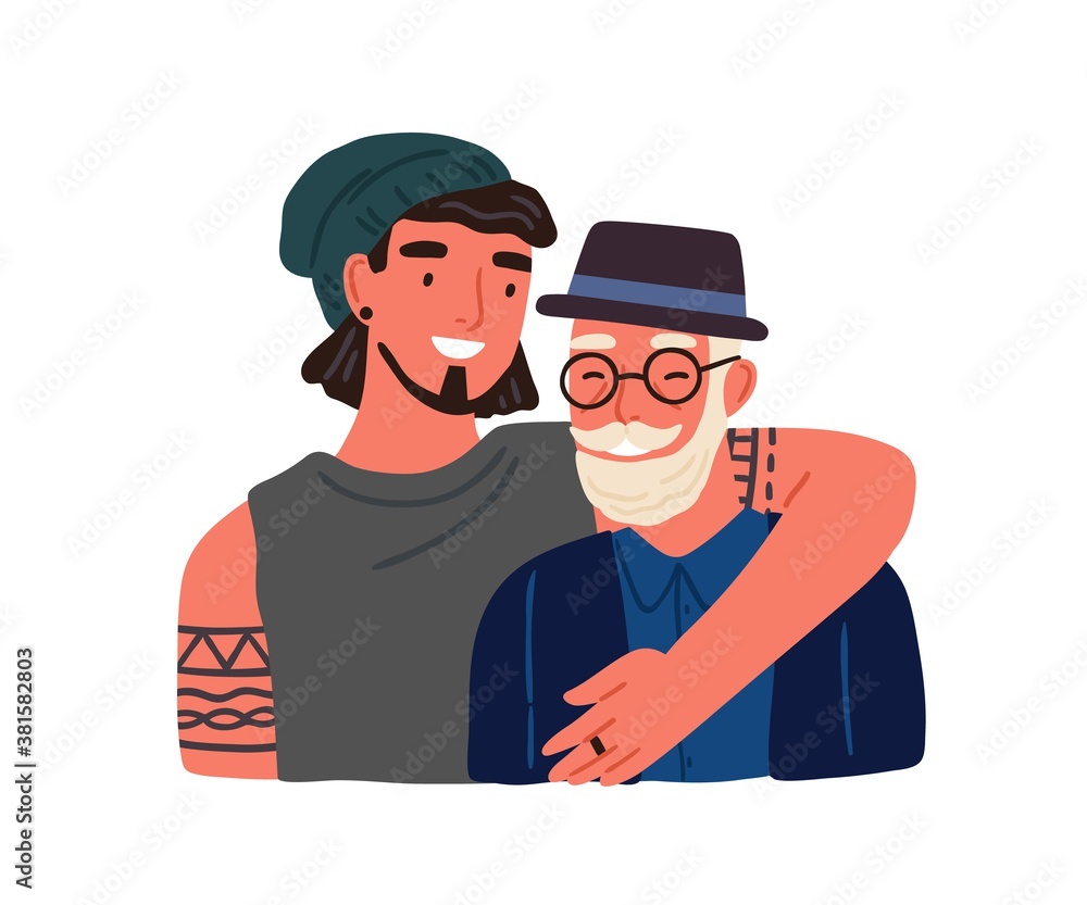 Hipster guy hugging old grandfather feeling love and tenderness vector flat illustration. Happy adult grandchild and granddad enjoying family relationship isolated on white. Cute smiling relatives Hipster guy hugging old grandfather feeling love and tenderness vector flat illustration. Happy adult grandchild and granddad enjoying family relationship isolated on white. Cute smiling relatives