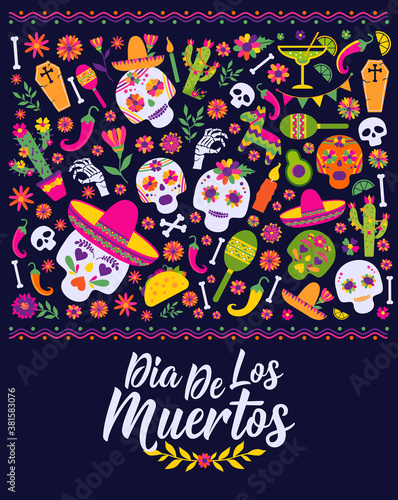 Dias de los Muertos typography banner vector. In English Translate - Feast of death. Mexico design for fiesta cards or party invitation, poster.