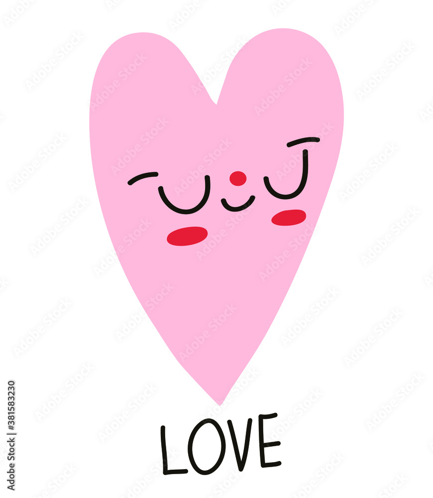 Cute card. Pink heart. Flat design. Cartoon style.