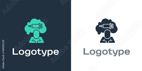 Logotype Addiction to the drug icon isolated on white background. Heroin, narcotic, addiction, illegal. Sick junkie with a syringe and medical pills. Logo design template element. Vector.