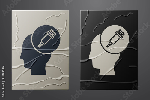 White Addiction to the drug icon isolated on crumpled paper background. Heroin, narcotic, addiction, illegal. Sick junkie with a syringe and medical pills. Paper art style. Vector.