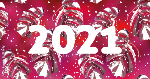 2021 Christmas wallpaper with winter monstera leaves on red background. 4K resolution