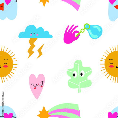 Seamless pattern and hand drawn texture. Different options for icons with emotions and moods. Vector flat illustration. Transparent background. © Marie