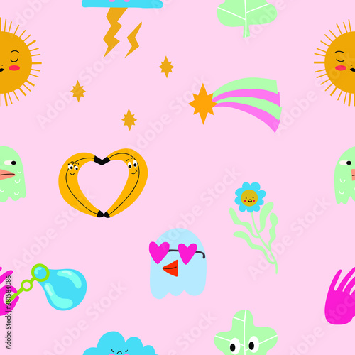 Seamless pattern and hand drawn texture. Different options for icons with emotions and moods. Vector flat illustration. 