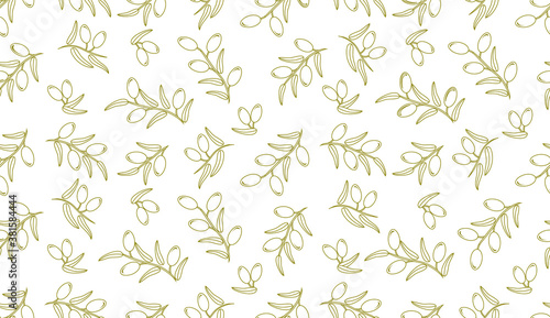 Olive seamless pattern. Vector decorative olive branch. Branches with green olives on white background. For labels, packaging or fabric.