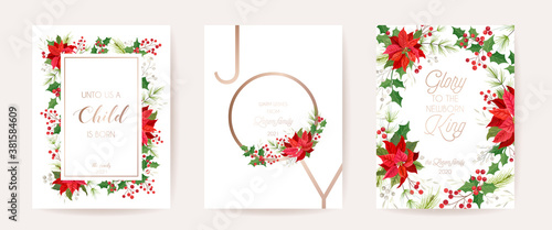 Merry Christmas, Happy New Year 2021 Cards, Floral Poinsettia, Pine Branches, Holly Berry, Mistletoe Vector Design