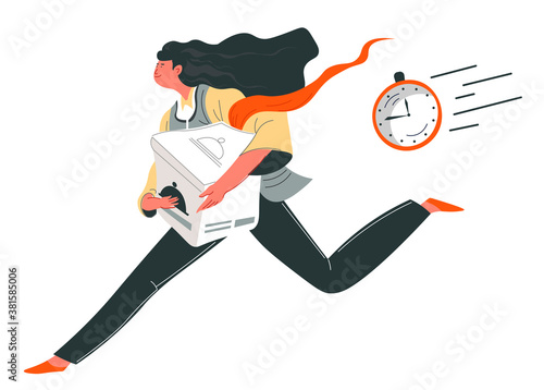 Quick food delivery, courier running with box
