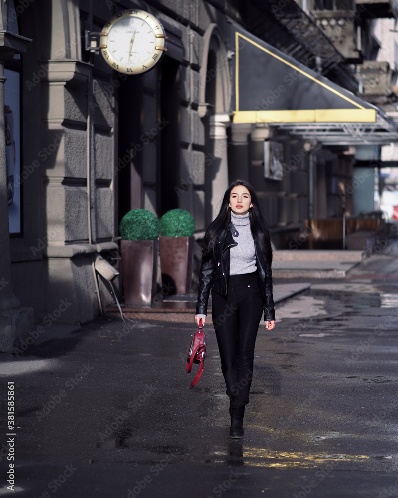 Girl walking at street city