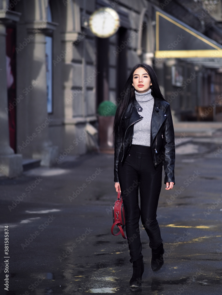 Girl walking at street city
