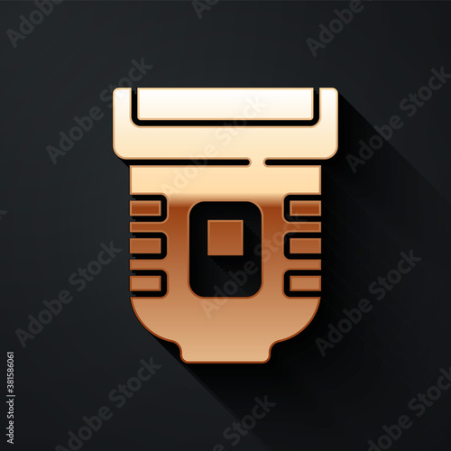 Gold Epilator icon isolated on black background. Depilation by electric razor. Hair removal on the body. Long shadow style. Vector.