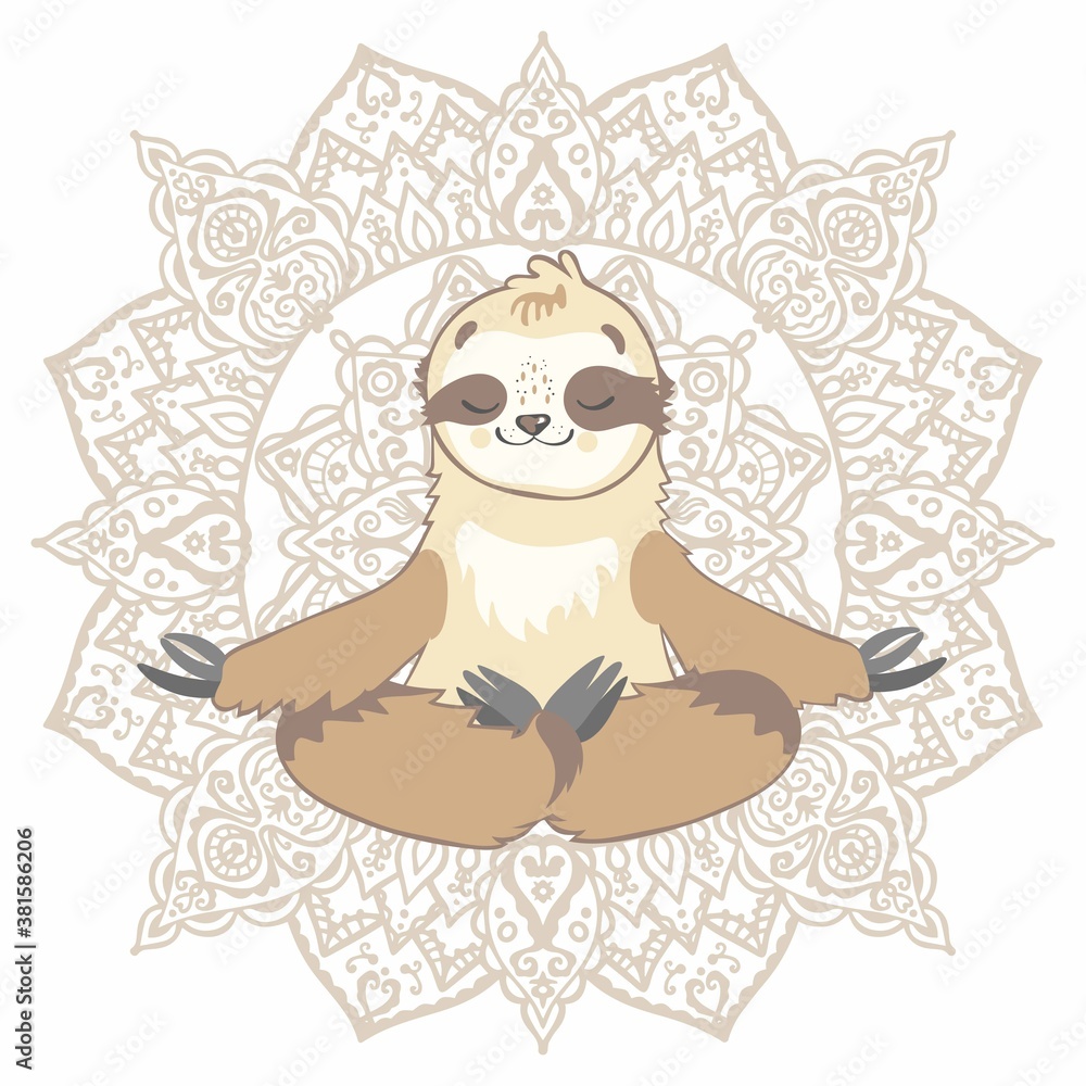 Fototapeta premium Vector illustration of a sloth bear in the lotus position on the background of the mandala. Yoga, meditation, relaxation. Isolated on white background.