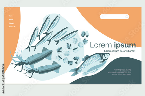 Organic fresh seafood landing page template. Healthy nutritious marine products assortment. Fish market, store, restaurant, delivery service website, homepage design cartoon vector illustration