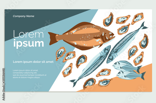 Organic fresh seafood landing page template. Healthy nutritious marine products assortment. Fish market, store, restaurant, delivery service website, homepage design cartoon vector illustration