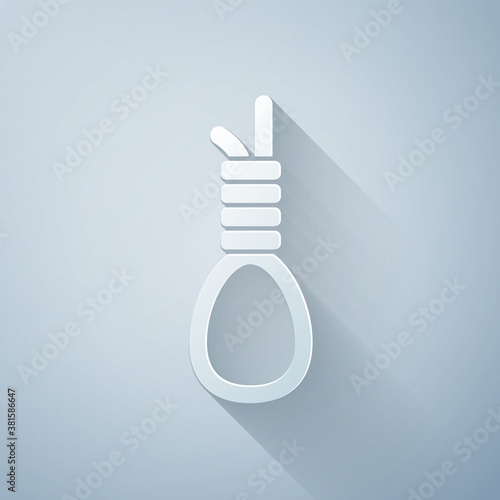 Paper cut Gallows rope loop hanging icon isolated on grey background. Rope tied into noose. Suicide, hanging or lynching. Paper art style. Vector.
