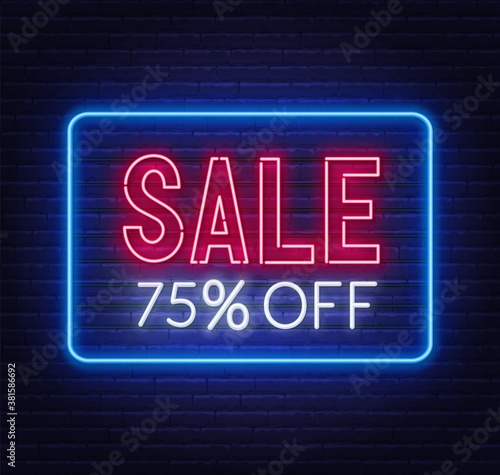 Sale 75 percent off neon sign on brick wall background. Discount.