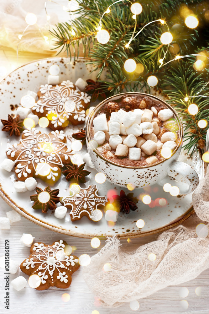 Christmas gingerbread cookies with hot chocolate and marshmallows Christmas gingerbread cookies with hot chocolate and marshmallows
