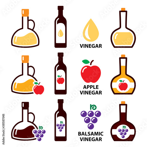 Vinegar vector icon set - apple cider vinegar and balsamic vinegar color design, healthy food concept
