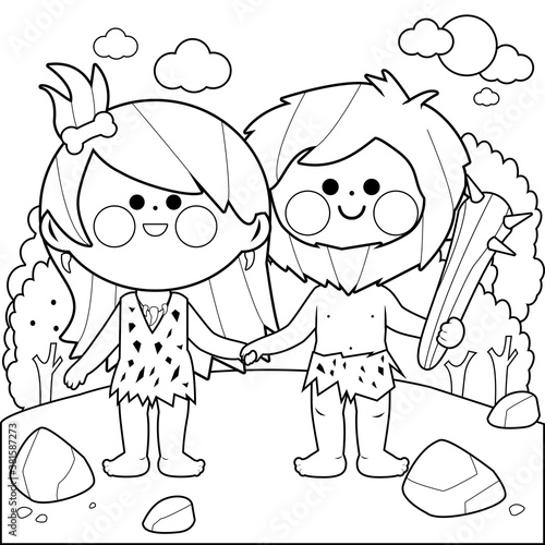 Prehistoric landscape with cavemen. Vector black and white coloring page