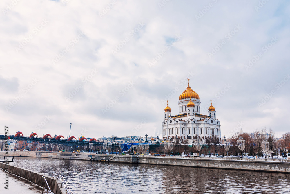 Cathedral of Christ the Saviour in Moscow, Russia on a winter day under a cloudy sky