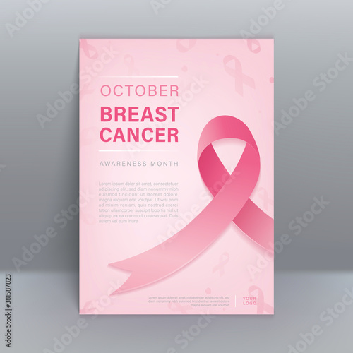 Creative pastel pink breast cancer awareness background with ribbon in A4 brochure proportion