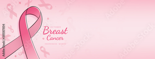 Beautiful breast cancer awareness campaign banner with ribbon symbol on pink gradient banner background and space for text
