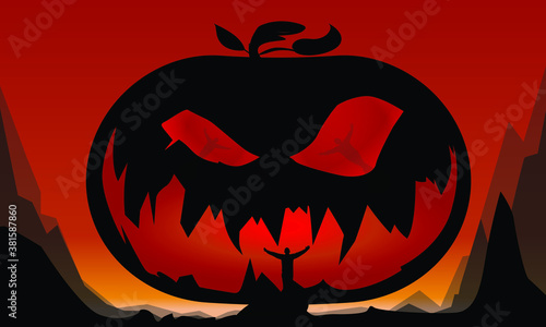Pumpkin devil, fire from hell, face of evil in halloween party horror holiday concept. Ghost with burning, satanic, illustration, trick or theat.