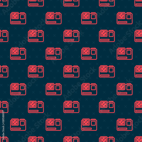 Red line Action extreme camera icon isolated seamless pattern on black background. Video camera equipment for filming extreme sports. Vector Illustration.