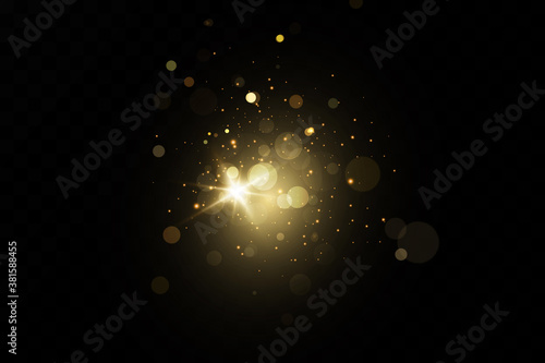 Glow light effect. Vector sparkles on a transparent background. Christmas light effect. Sparkling magical dust particles.The dust sparks and golden stars shine with special light. photo