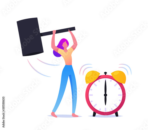 Woman Crash Alarm Clock with Hammer Isolated on White Background. Waking Up Morning Anger, Character in Bad Mood