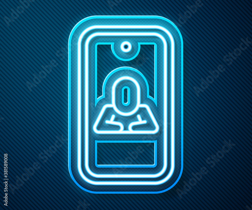 Glowing neon line Online psychological counseling distance icon isolated on blue background. Psychotherapy, psychological help, psychiatrist online consulting. Vector.