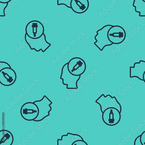 Black line Addiction to the drug icon isolated seamless pattern on green background. Heroin, narcotic, addiction, illegal. Sick junkie with a syringe and medical pills. Vector.