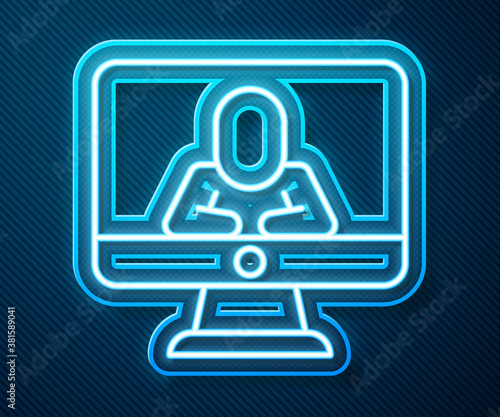 Glowing neon line Online psychological counseling distance icon isolated on blue background. Psychotherapy, psychological help, psychiatrist online consulting. Vector.