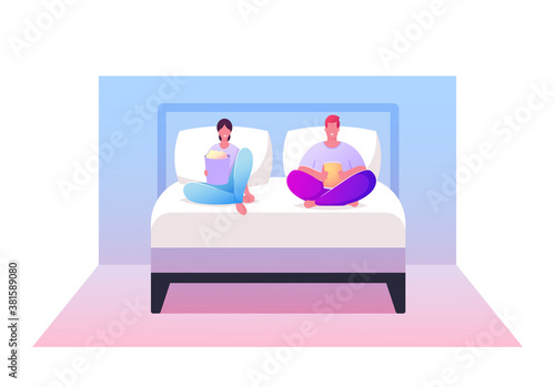 Leisure, Sparetime, Day Off. Young Couple Watching TV with Popcorn at Home. Male and Female Characters Sitting on Bed