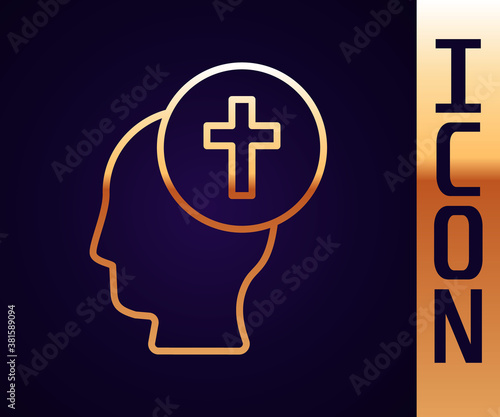 Gold line Man graves funeral sorrow icon isolated on black background. The emotion of grief, sadness, sorrow, death. Vector.