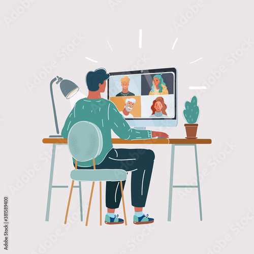 Vector illustration of Back view of young man work remotely at home video conference remote call to corporate group. Meeting online,videocall, group discuss online concept with screen of teamwork on w