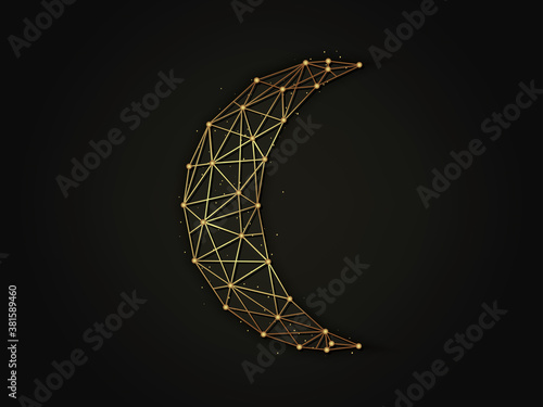 Crescent golden abstract illustration on dark background. Geometric shape polygonal template made from lines and dots.