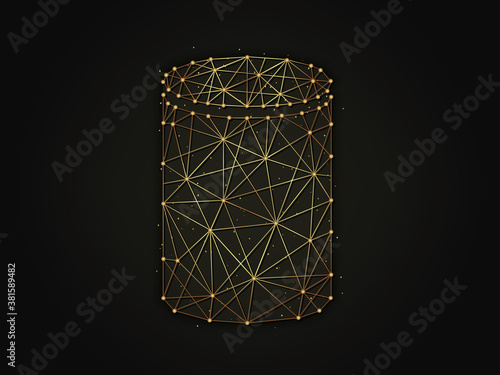 Cylinder golden abstract illustration on dark background. Geometric shape polygonal template made from lines and dots.
