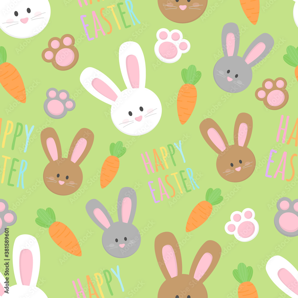 Cute Easter bunny vector seamless pattern. White, brown and grey easter bunnies, paws, carrots and writing happy easter illustrations. Isolated.
