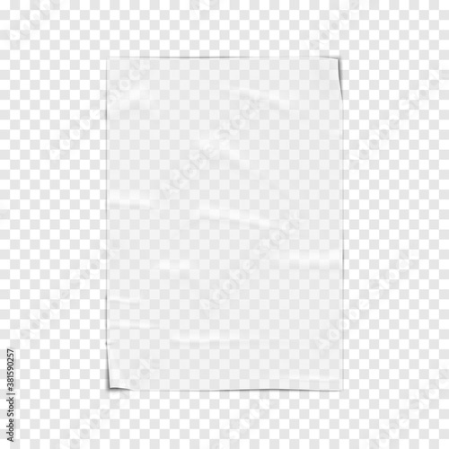 Pasted on wall blank clear creased paper poster with unstuck corners on transparent background, realistic vector mockup. Template for design