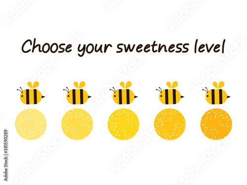 Sweetness levels sign symbol with cute cartoon bees on white background vector illustration. Sugar levels and healthy nutrition concept.