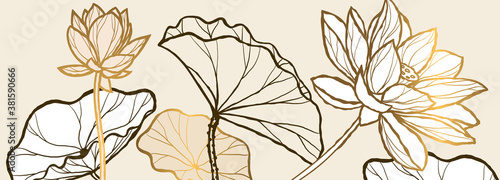 Luxury brown lotus background vector with golden metallic decorate in leaf 