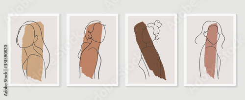 Women wall art vector set. boho Foliage line art drawing with  abstract human shape.  Abstract Plant Art design for print, cover, wallpaper, Minimal and  natural wall art.
