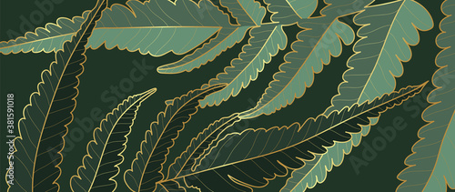 Luxury gold nature background vector. Floral pattern, Golden Tropical lant with line art style  design for wall arts, greeting card, wallpaper and print. Vector illustration.