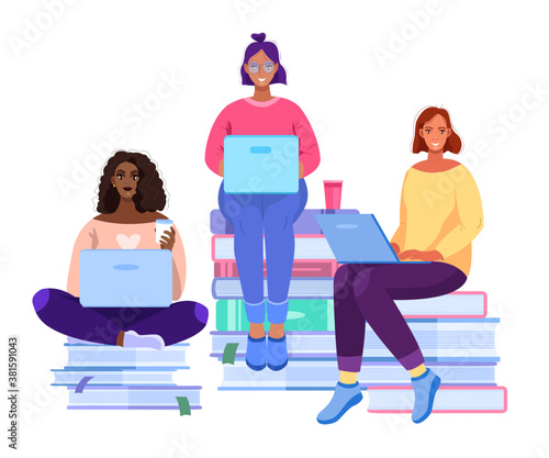Online school or university education concept with studying women. Diverse students sitting on books working in internet with laptops. Virtual courses and teamwork illustration with diverse students