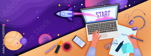Online education and home office illustration with workplace top view, hands, laptop, smartphone. Virtual training and webinar background with abstract space, rocket. Online education vector banner