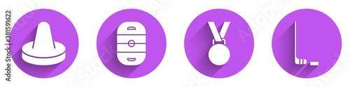 Set Mallet for playing air hockey, Ice hockey rink, Medal and Ice hockey stick and puck icon with long shadow. Vector.